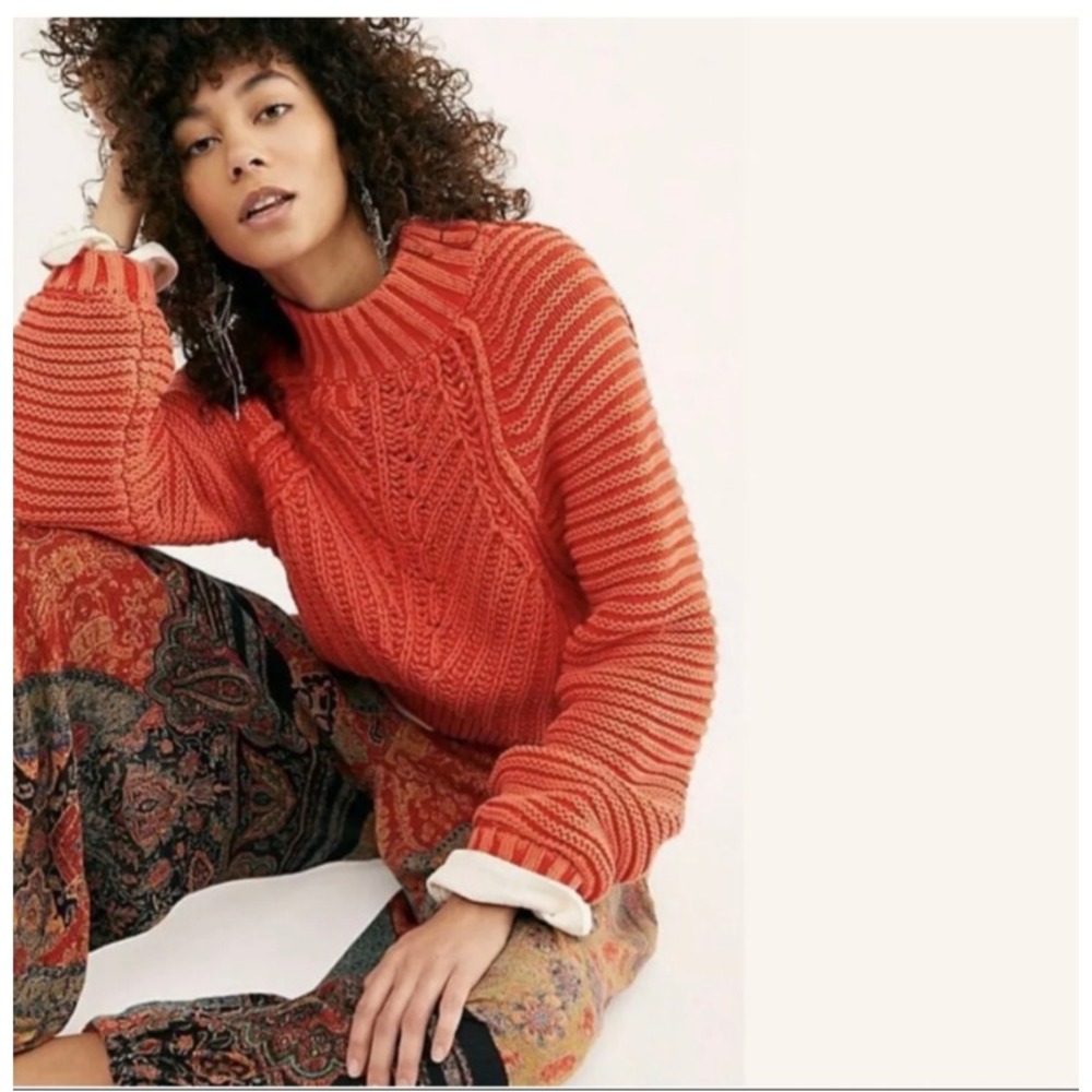 Free People Oversized Chunky Knit Mock Neck Sweater Balloon Sleeve Preppy Boho